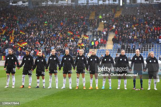 The team of Germany stands for the national anthem during the FIFA Women's World Cup 2023 Qualifier group H match between Germany and Portugal at...