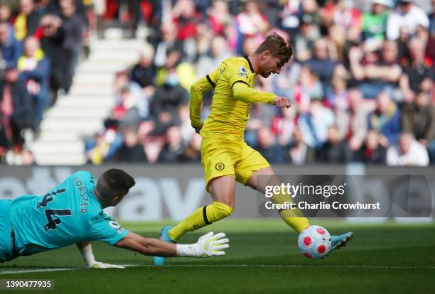 Timo Werner of Chelsea scores their side's third goal during the Premier League match between Southampton and Chelsea at St Mary's Stadium on April...