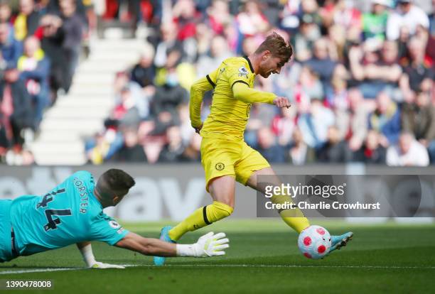 Timo Werner of Chelsea scores their side's third goal during the Premier League match between Southampton and Chelsea at St Mary's Stadium on April...