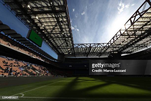 General view inside the stadium prior to the Serie A match between FC Internazionale and Hellas Verona FC at Stadio Giuseppe Meazza on April 09, 2022...