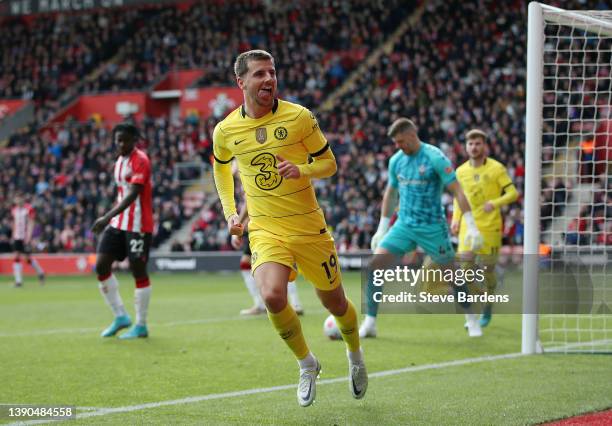 Mason Mount of Chelsea celebrates after scoring their side's sixth goal during the Premier League match between Southampton and Chelsea at St Mary's...