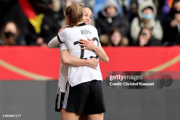 Klara Bruehl of Germany celebrates the second goal with Giulia Gwinn of Germany during the FIFA Women's World Cup 2023 Qualifier group H match...