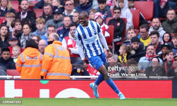 Enock Mwepu of Brighton & Hove Albion celebrates after scoring their team's second goal during the Premier League match between Arsenal and Brighton...