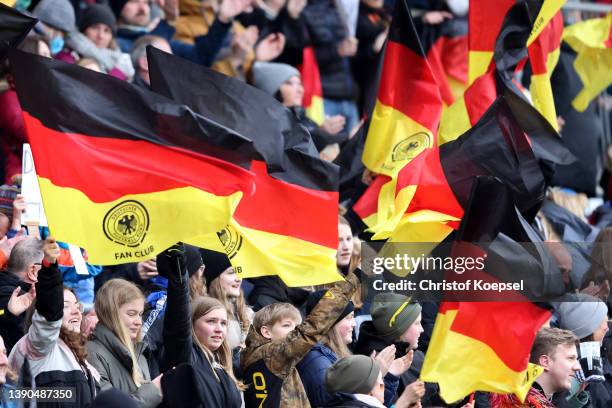 Fans of Germany celebrate the first goal during the FIFA Women's World Cup 2023 Qualifier group H match between Germany and Portugal at Schueco Arena...