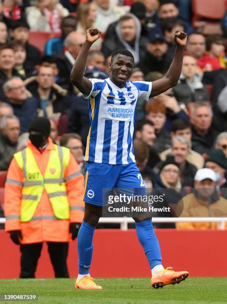 Moises Caicedo celebrates after teammate Enock Mwepu of Brighton & Hove Albion scored their sides second goal during the Premier League match between...