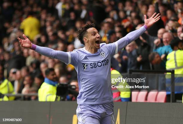 Rodrigo Moreno of Leeds United celebrates after scoring their team's second goal during the Premier League match between Watford and Leeds United at...