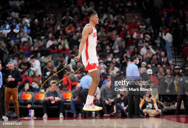Jalen Green of the Houston Rockets uses a jump rope in the intermission against the Toronto Raptors in their basketball game at the Scotiabank Arena...