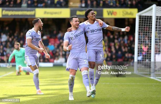 Jack Harrison celebrates with Crysencio Summerville of Leeds United after scoring their team's third goal during the Premier League match between...
