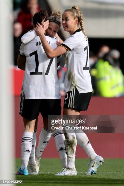Felicitas Rauch of Germany celebrates the third goal with Svenja Huth and Giulia Gwinn during the FIFA Women's World Cup 2023 Qualifier group H match...