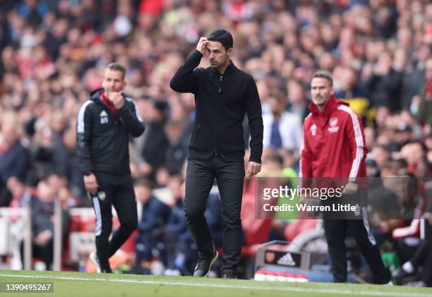 Mikel Arteta, Manager of Arsenal looks on during the Premier League match between Arsenal and Brighton & Hove Albion at Emirates Stadium on April 09,...