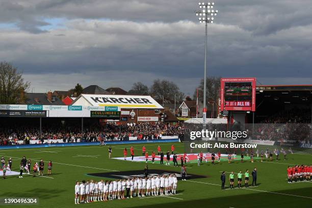 General view inside the stadium as the teams line up prior to the TikTok Women's Six Nations match between England and Wales at Kingsholm Stadium on...