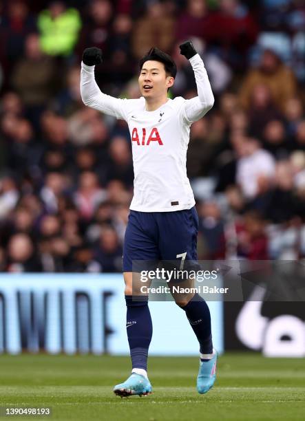 Heung-Min Son of Tottenham Hotspur celebrates after scoring their side's first goal during the Premier League match between Aston Villa and Tottenham...