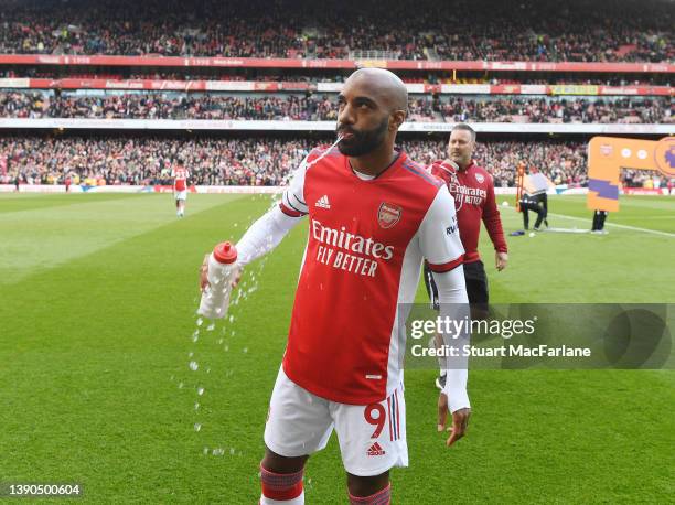 Alex Lacazette of Arsenal after the Premier League match between Arsenal and Brighton & Hove Albion at Emirates Stadium on April 09, 2022 in London,...