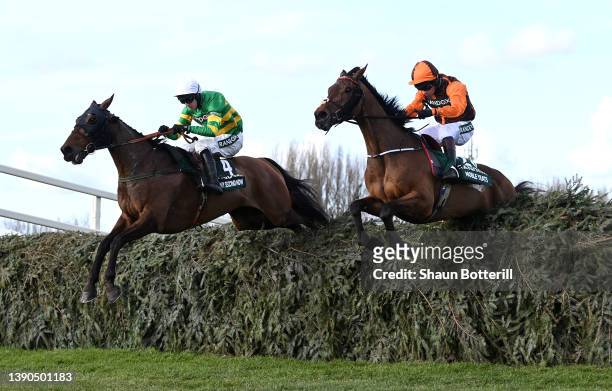 Sam Waley-Cohen rides Noble Yeats clears the last to win the Randox Grand National Steeple Chase from Mark Walsh riding Any Second Now at Aintree...