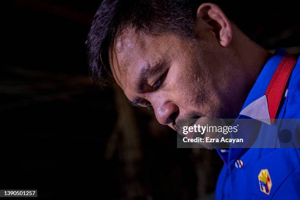 Senator and boxing icon Manny Pacquiao takes part in a rally in a slum area as he campaigns for the presidency on April 09, 2022 in Manila,...