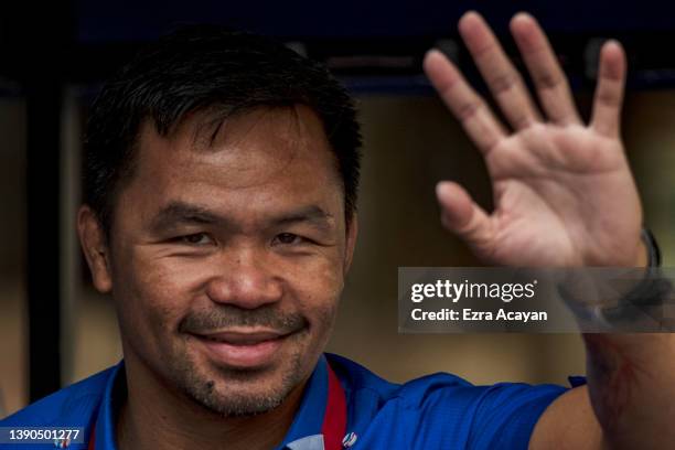 Senator and boxing icon Manny Pacquiao takes part in a motorcade as he campaigns for the presidency on April 09, 2022 in Manila, Philippines....