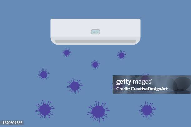 青い背景にエアコンから出てくるウイルス細胞 - 室内　エアコン点のイラスト素材／クリップアート素材／マンガ素材／アイ�コン素材