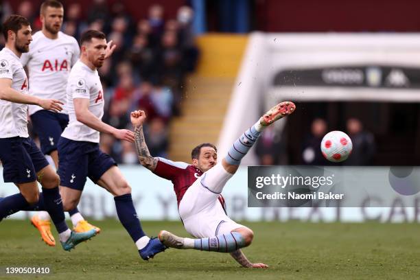 Danny Ings of Aston Villa takes a shot during the Premier League match between Aston Villa and Tottenham Hotspur at Villa Park on April 09, 2022 in...