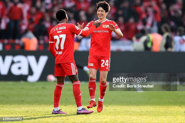 Genki Haraguchi of 1.FC Union Berlin celebrates after scoring their side's first goal during the Bundesliga match between Hertha BSC and 1. FC Union...