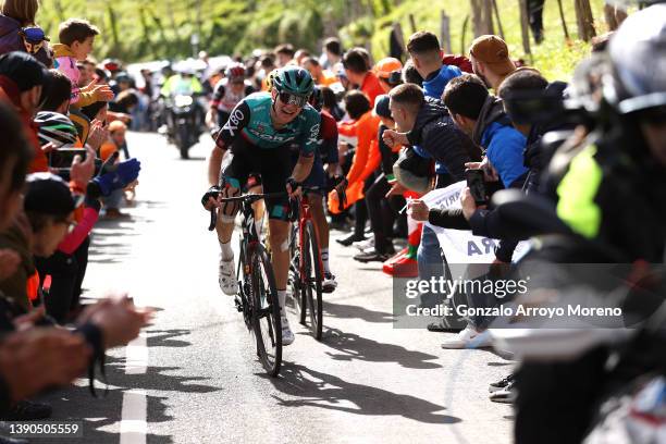 Daniel Felipe Martinez Poveda of Colombia and Team INEOS Grenadiers and Aleksander Vlasov of Russia and Team Bora - Hansgrohe compete while fans...