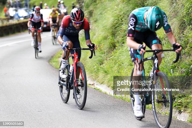 Daniel Felipe Martinez Poveda of Colombia and Team INEOS Grenadiers and Aleksander Vlasov of Russia and Team Bora - Hansgrohe compete while fans...