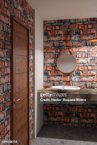 image generated digitally of vanity in a luxury concrete 
 rustic bathroom, 3d render - bathroom vanity fotografías e imágenes de stock