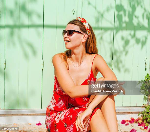 portrait of modern fashionably dressed woman in sunglasses. - beautiful greek women stock pictures, royalty-free photos & images