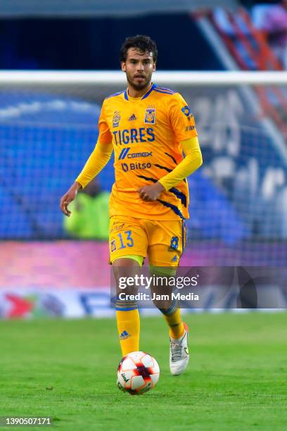 Diego Reyes of Tigres controls the ball during the 9th round match between Pachuca and Tigres UANL as part of the Torneo Grita Mexico C22 Liga MX at...