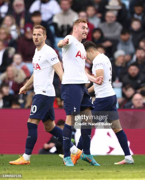 Dejan Kulusevski of Tottenham Hotspur celebrates after scoring their side's second goal during the Premier League match between Aston Villa and...