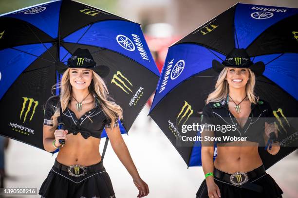 Monster Energy Grid Girls walking through the paddock during the qualifying session of the MotoGP of USA at the Circuit Of The Americas on April 09,...