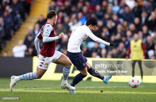 Heung-Min Son of Tottenham Hotspur scores their side's third goal during the Premier League match between Aston Villa and Tottenham Hotspur at Villa...