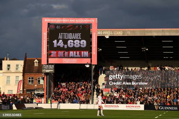 The LED board shows the record matchday attendance during the TikTok Women's Six Nations match between England and Wales at Kingsholm Stadium on...