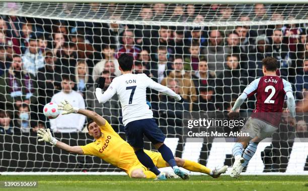 Heung-Min Son of Tottenham Hotspur scores their side's third goal during the Premier League match between Aston Villa and Tottenham Hotspur at Villa...