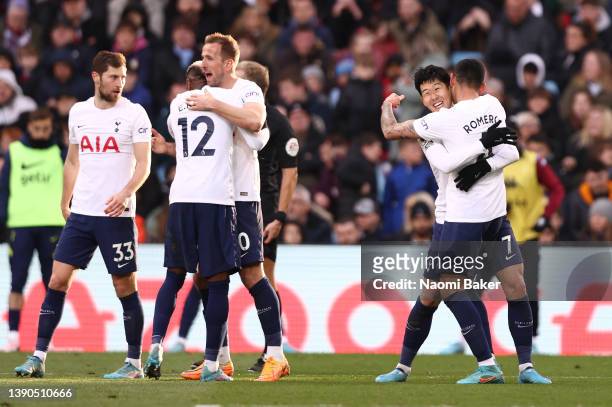 Heung-Min Son of Tottenham Hotspur celebrates after scoring their side's third goal during the Premier League match between Aston Villa and Tottenham...