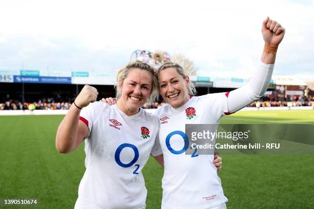 Marlie Packer celebrates with Natasha Hunt of England after their sides victory during the TikTok Women's Six Nations match between England and Wales...