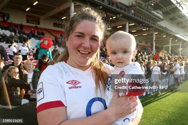 Poppy Cleall of England celebrates with family after their sides victory during the TikTok Women's Six Nations match between England and Wales at...