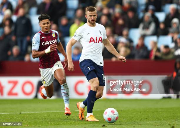 Eric Dier of Tottenham Hotspur is closed down by Emiliano Martinez of Aston Villa during the Premier League match between Aston Villa and Tottenham...