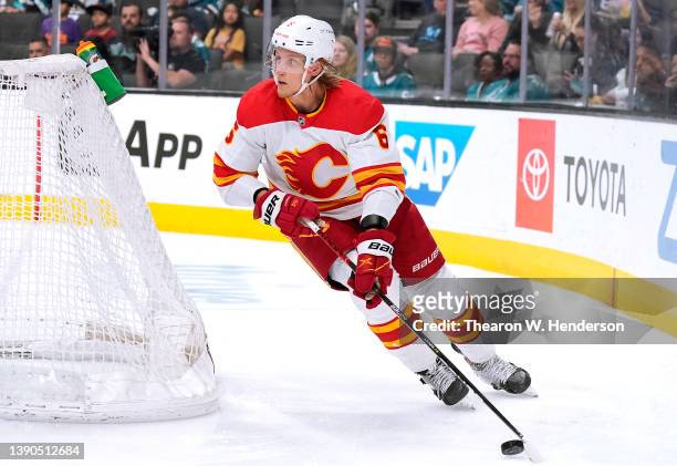 Juuso Valimaki of the Calgary Flames skates with control of the puck from behind his goal against the San Jose Sharks during the second period of an...