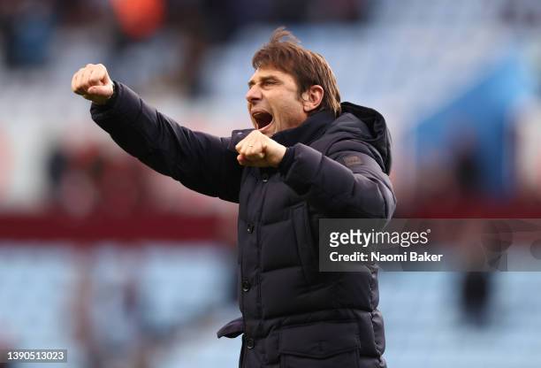 Antonio Conte, Manager of Tottenham Hotspur celebrates after their sides victory during the Premier League match between Aston Villa and Tottenham...
