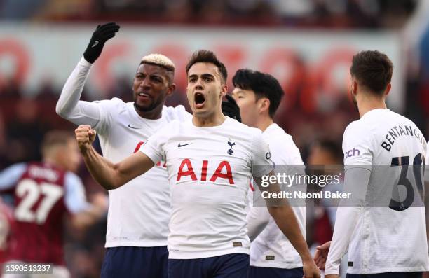 Sergio Reguilon celebrates after Heung-Min Son of Tottenham Hotspur scored their sides fourth goal during the Premier League match between Aston...