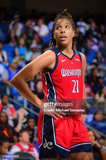 Tianna Hawkins of the Washington Mystics looks on during the game on July 2, 2023 at the College Park Center in Arlington, TX. NOTE TO USER: User...