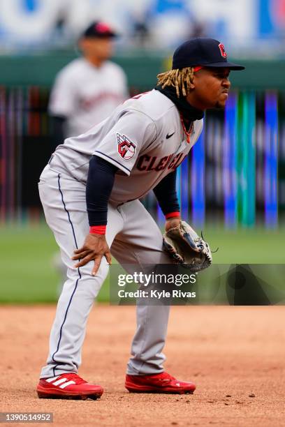 Jose Ramirez of the Cleveland Guardians waits for the pitch to the Kansas City Royals on Opening Day at Kauffman Stadium on April 7, 2022 in Kansas...