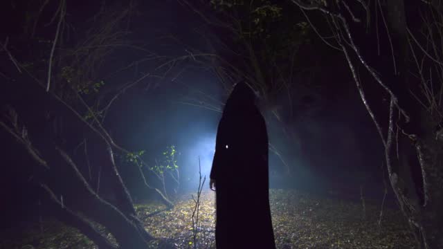figure in a black robe with a candle goes through a mysterious forest