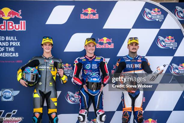 Moto2 Top-3 at parc ferme with local hero Moto2 rider Cameron Beaubier of United States and American Racing , Moto2 rider Celestino Vietti of Italy...