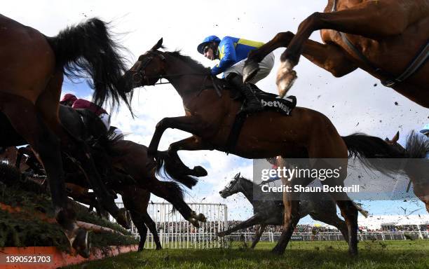 Harry Skelton rides Shan Blue in the Betway Handicap Chase at Aintree Racecourse on April 09, 2022 in Liverpool, England.