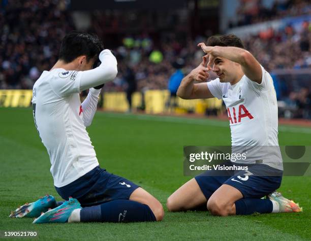 Heung-Min Son of Tottenham Hotspur celebrates scoring their team's third goal with team mate Sergio Reguilon during the Premier League match between...
