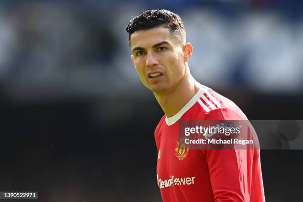 Cristiano Ronaldo of Manchester United looks on during the Premier League match between Everton and Manchester United at Goodison Park on April 09,...