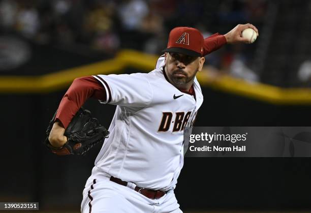 Oliver Perez of the Arizona Diamondbacks delivers a pitch against the San Diego Padres at Chase Field on April 08, 2022 in Phoenix, Arizona.