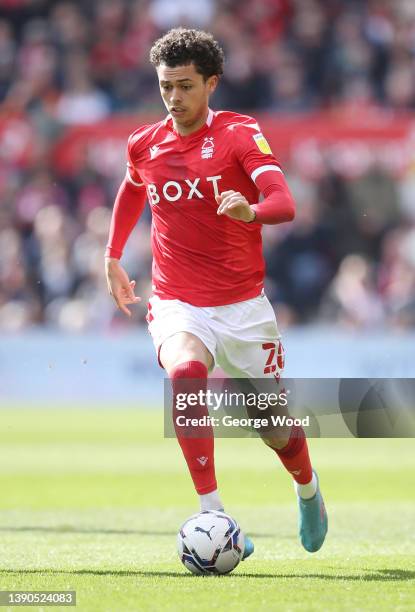 Brennan Johnson of Nottingham Forest runs with the ball during the Sky Bet Championship match between Nottingham Forest and Birmingham City at City...