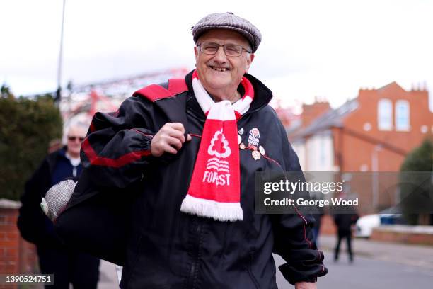 Nottingham Forest fan arrives at the stadium prior to the Sky Bet Championship match between Nottingham Forest and Birmingham City at City Ground on...